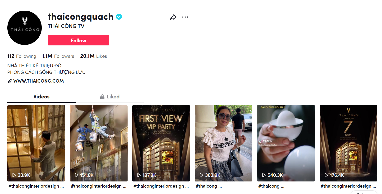 Ví dụ về kênh TikTok của Thái Công TV