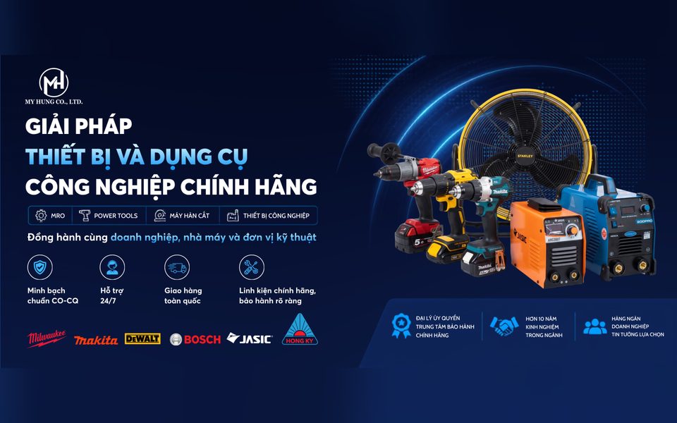 Thiết kế website thiết bị cơ khí Mỹ Hưng: banner giải pháp thiết bị và dụng cụ công nghiệp chính hãng